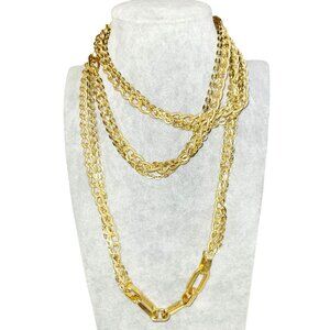 Long Vintage Gold Tone Renaissance Multi Chain Necklace Hoops and Filigree 39"